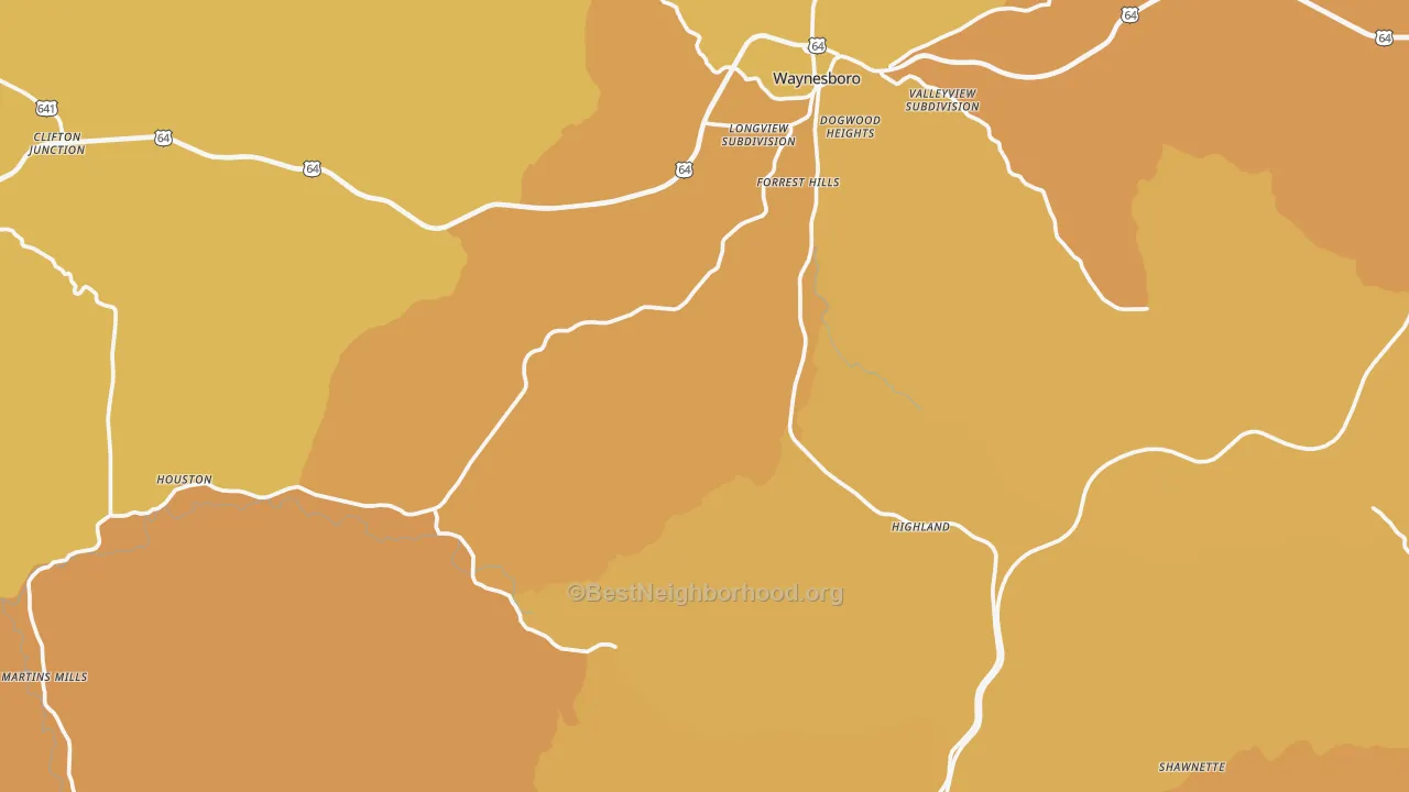 Map of the best neighborhoods in the Wayne County area, with better matches in green and worse matches in red