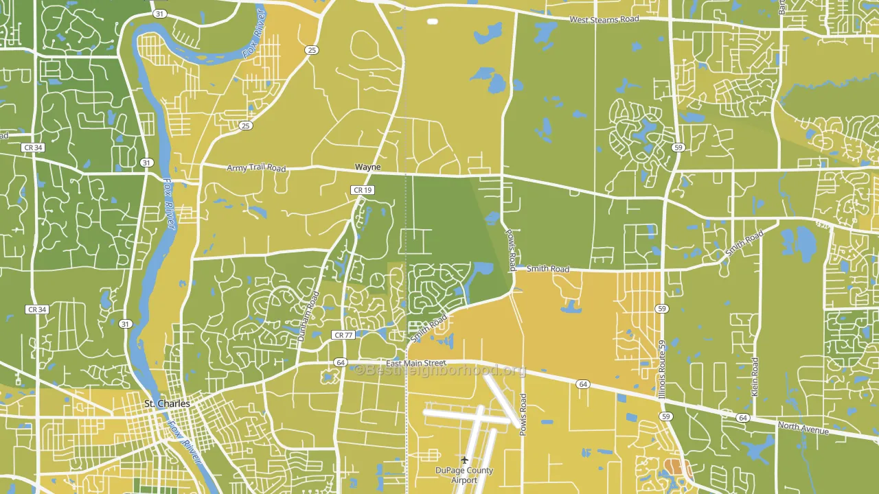 Map of the best neighborhoods in the Wayne area, with better matches in green and worse matches in red