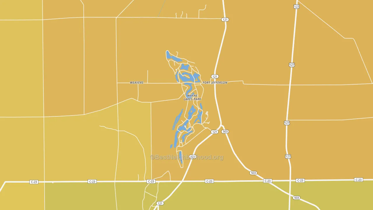 Map of the best neighborhoods in the Wayne Lakes area, with better matches in green and worse matches in red