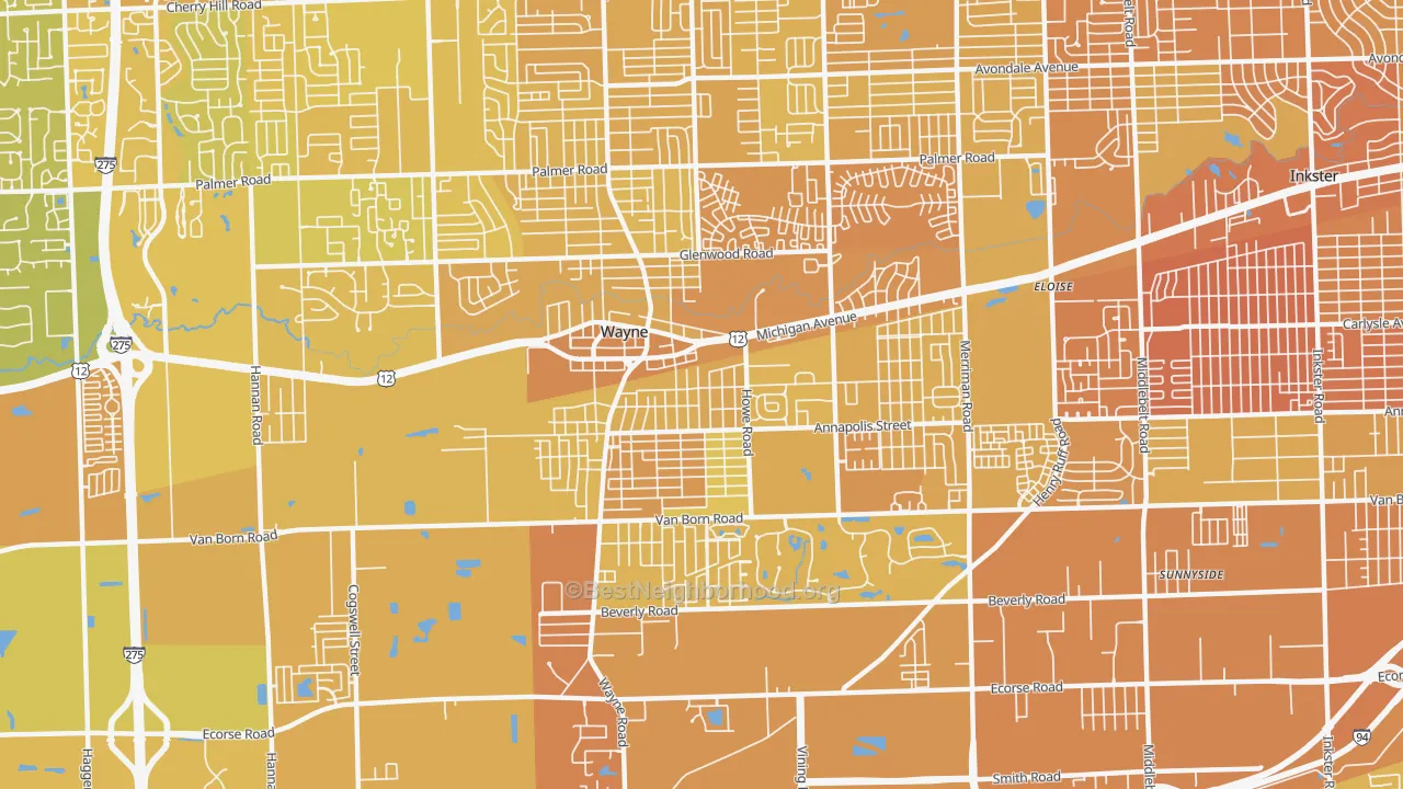 Map of the best neighborhoods in the Wayne area, with better matches in green and worse matches in red