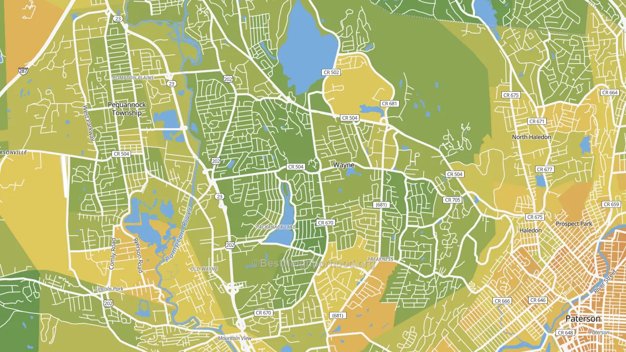 Map of the best neighborhoods in the Wayne area, with better matches in green and worse matches in red