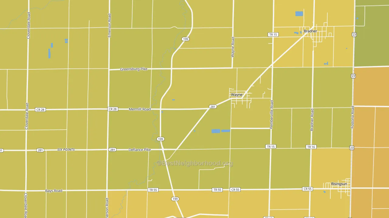 Map of the best neighborhoods in the Wayne area, with better matches in green and worse matches in red