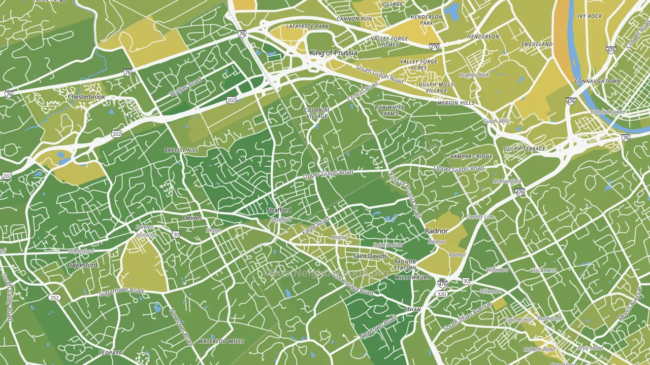 Map of the best neighborhoods in the Wayne area, with better matches in green and worse matches in red