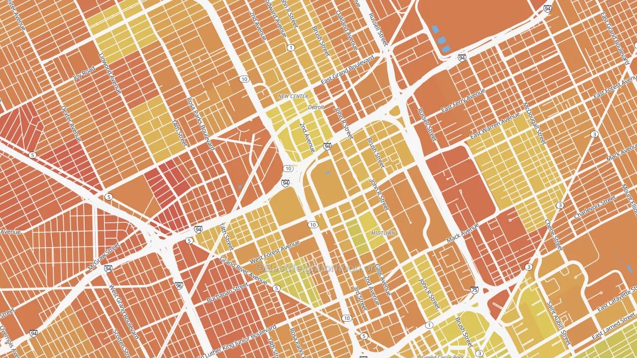 Map of the best neighborhoods in the Wayne State, Detroit area, with better matches in green and worse matches in red