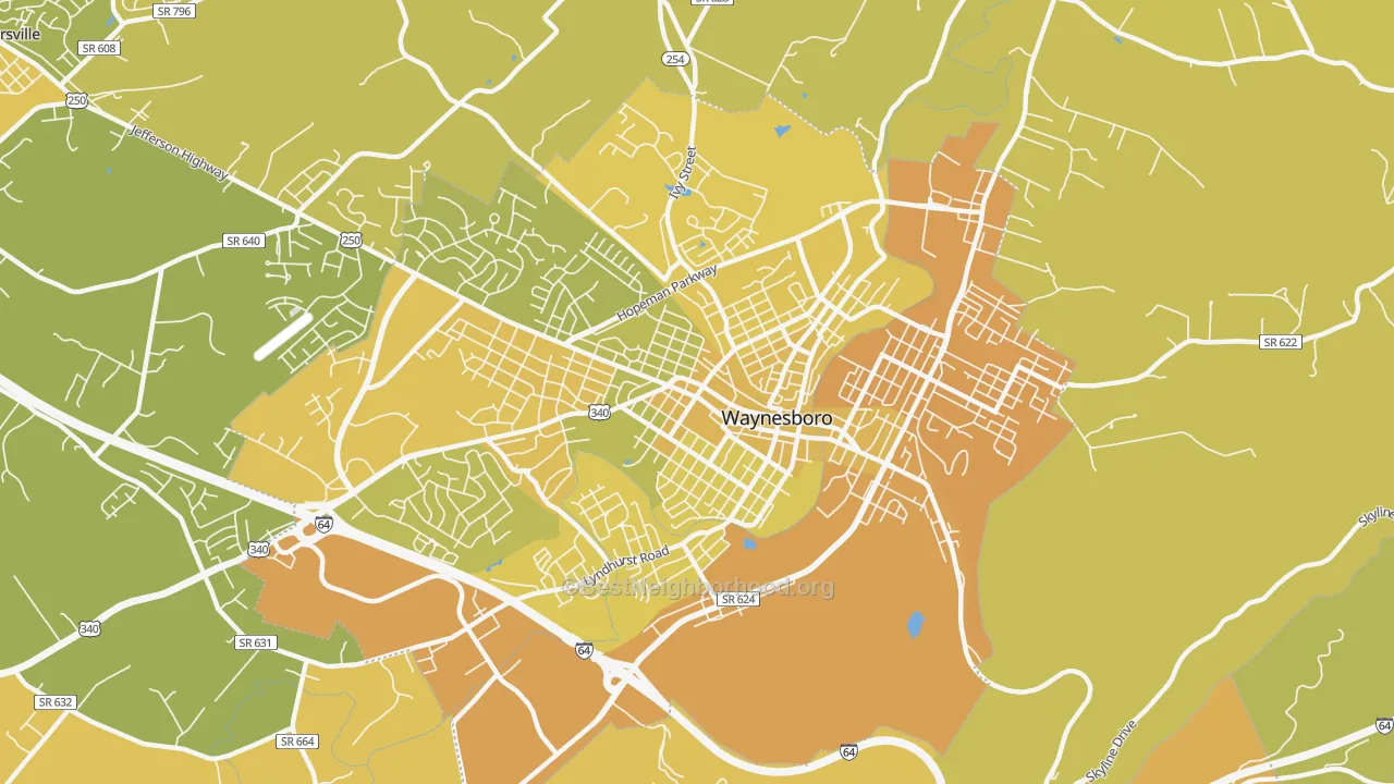 Map of the best neighborhoods in the Waynesboro City area, with better matches in green and worse matches in red