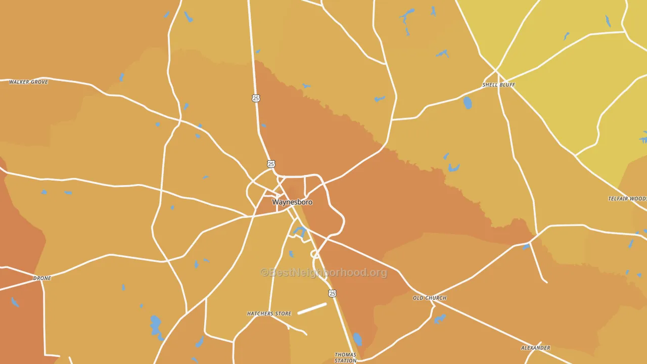Map of the best neighborhoods in the Waynesboro area, with better matches in green and worse matches in red