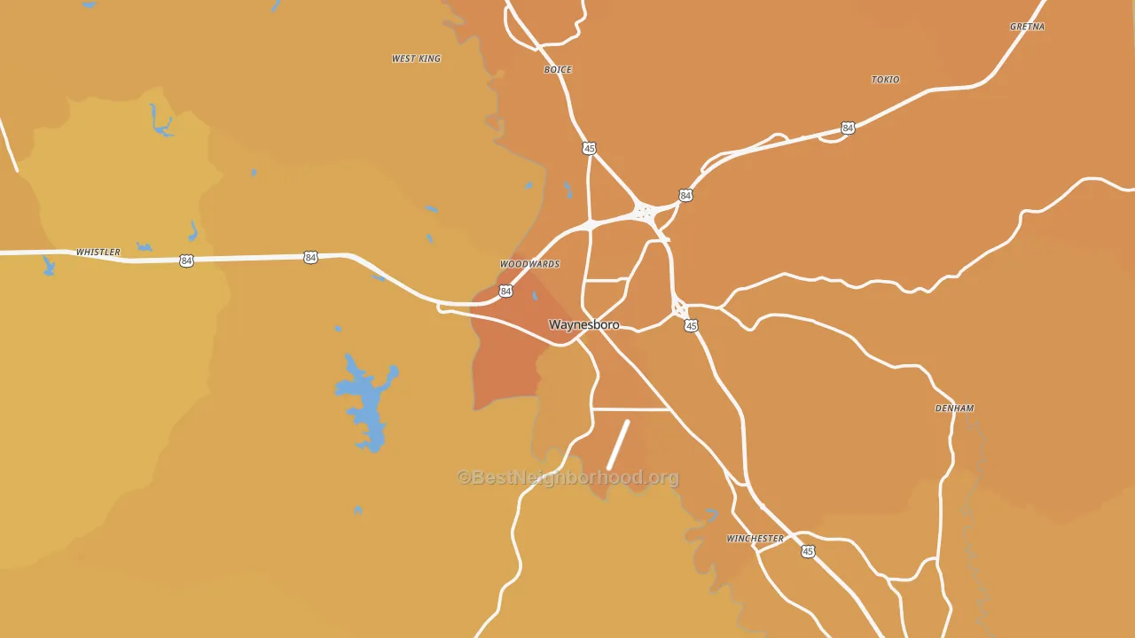 Map of the best neighborhoods in the Waynesboro area, with better matches in green and worse matches in red