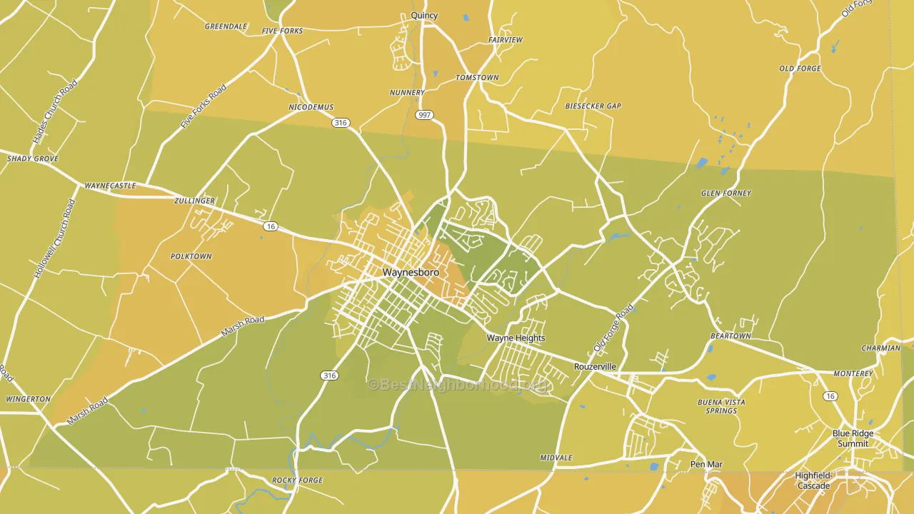 Map of the best neighborhoods in the Waynesboro area, with better matches in green and worse matches in red