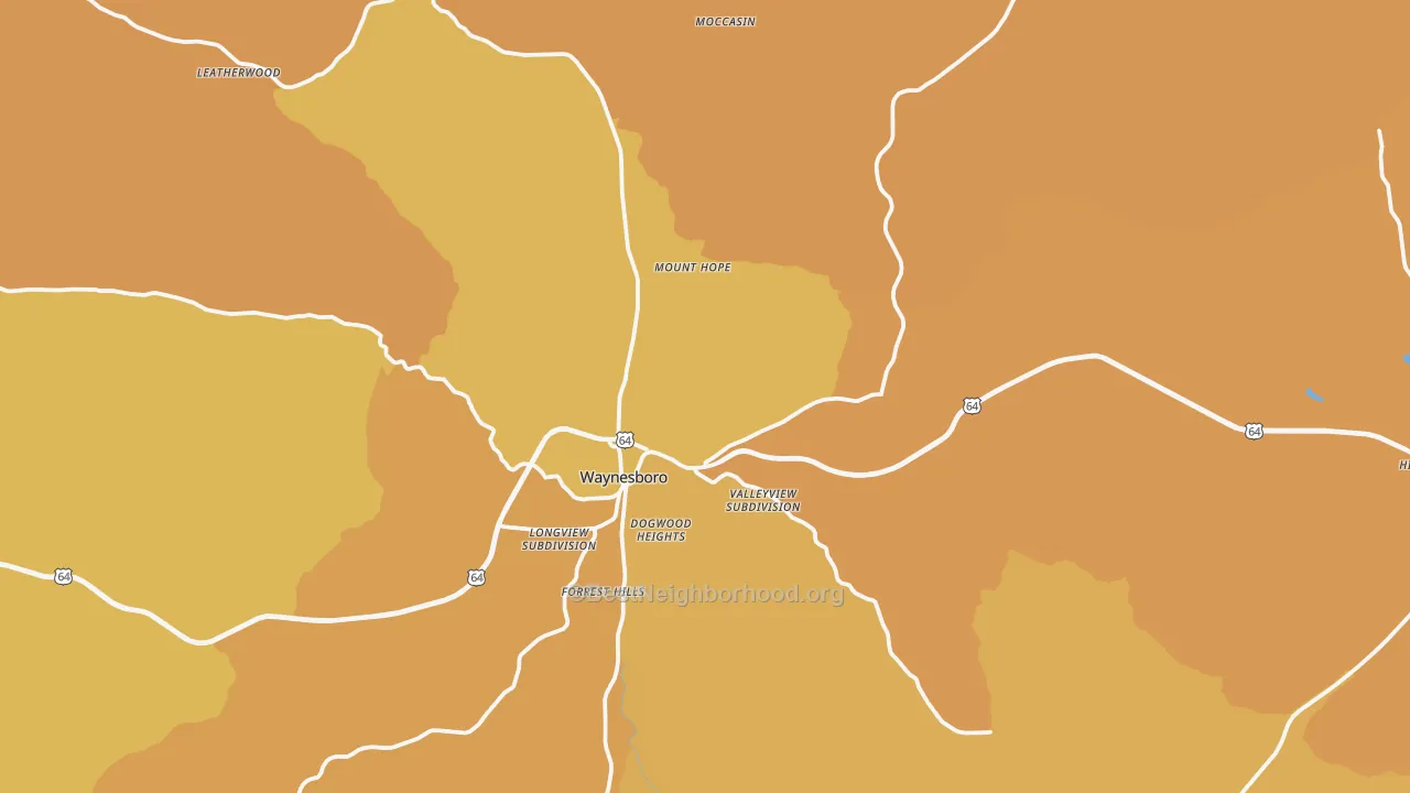 Map of the best neighborhoods in the Waynesboro area, with better matches in green and worse matches in red