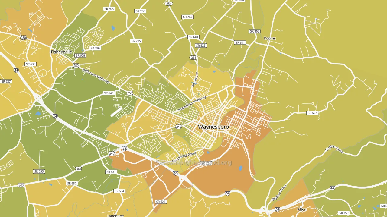 Map of the best neighborhoods in the Waynesboro area, with better matches in green and worse matches in red