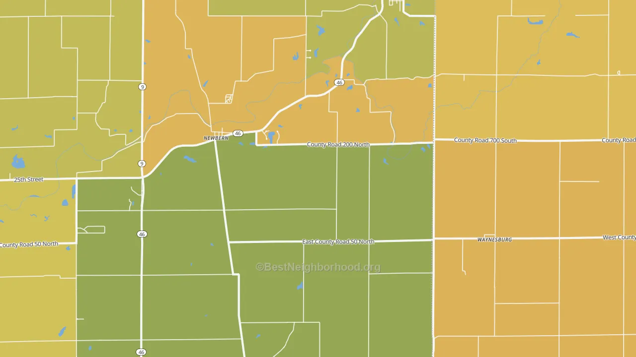 Map of the best neighborhoods in the Waynesburg area, with better matches in green and worse matches in red