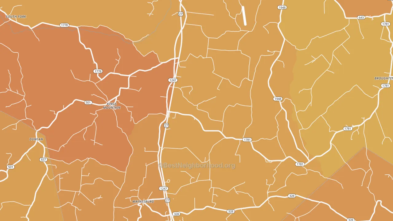 Map of the best neighborhoods in the Waynesburg area, with better matches in green and worse matches in red