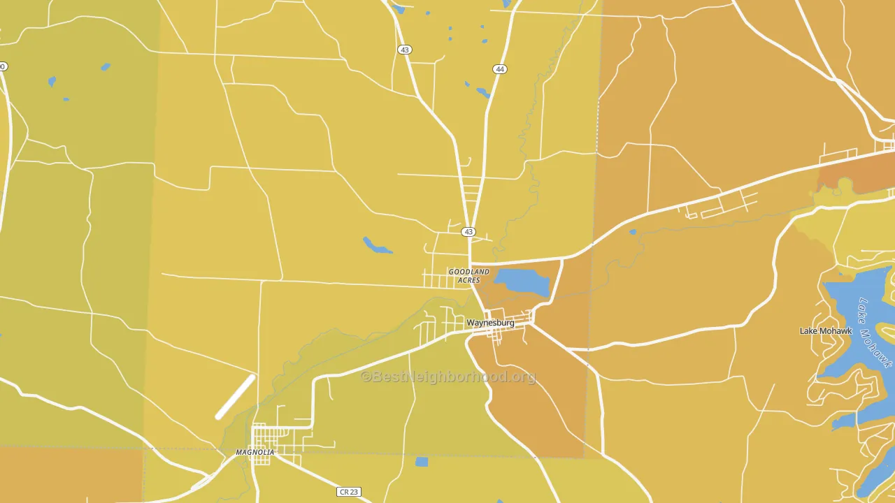 Map of the best neighborhoods in the Waynesburg area, with better matches in green and worse matches in red