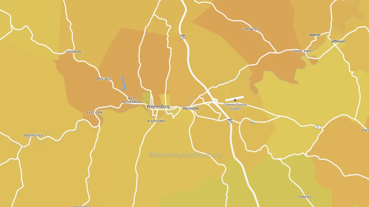 Map of the best neighborhoods in the Waynesburg area, with better matches in green and worse matches in red
