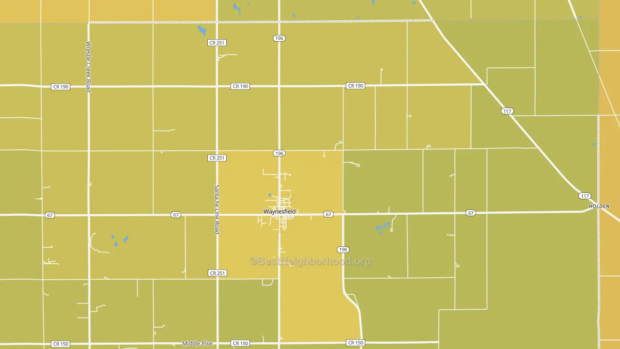 Map of the best neighborhoods in the Waynesfield area, with better matches in green and worse matches in red