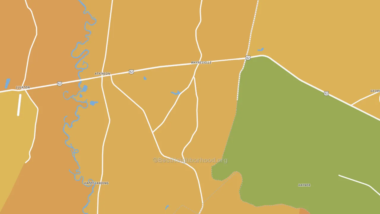 Map of the best neighborhoods in the Waynesville area, with better matches in green and worse matches in red