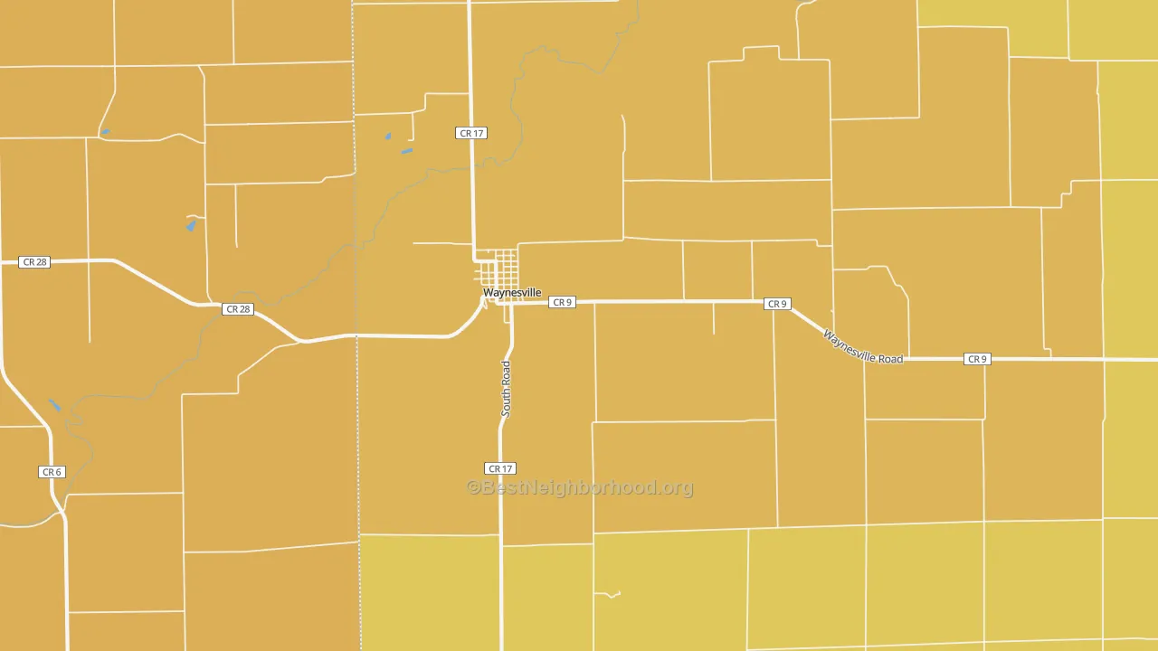 Map of the best neighborhoods in the Waynesville area, with better matches in green and worse matches in red