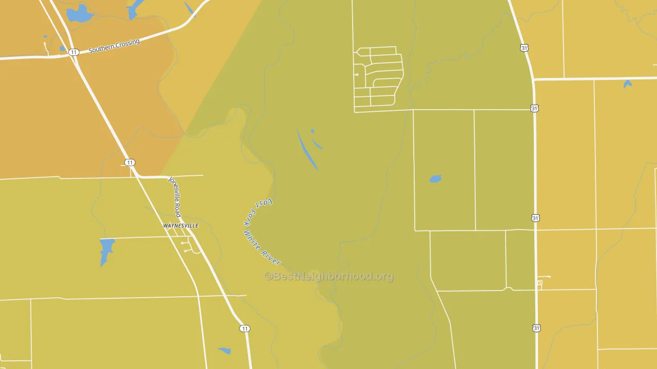 Map of the best neighborhoods in the Waynesville area, with better matches in green and worse matches in red
