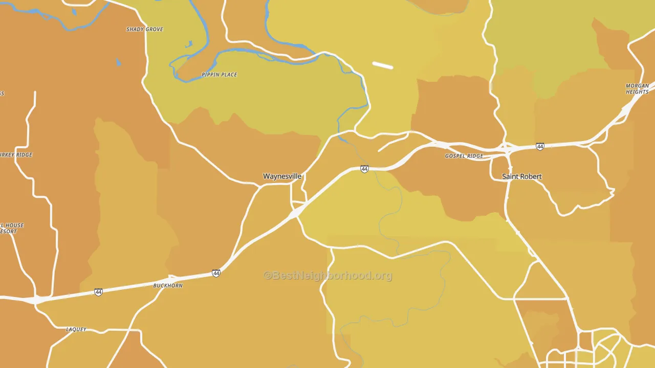 Map of the best neighborhoods in the Waynesville area, with better matches in green and worse matches in red