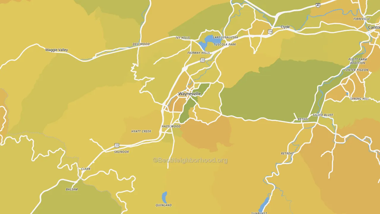 Map of the best neighborhoods in the Waynesville area, with better matches in green and worse matches in red