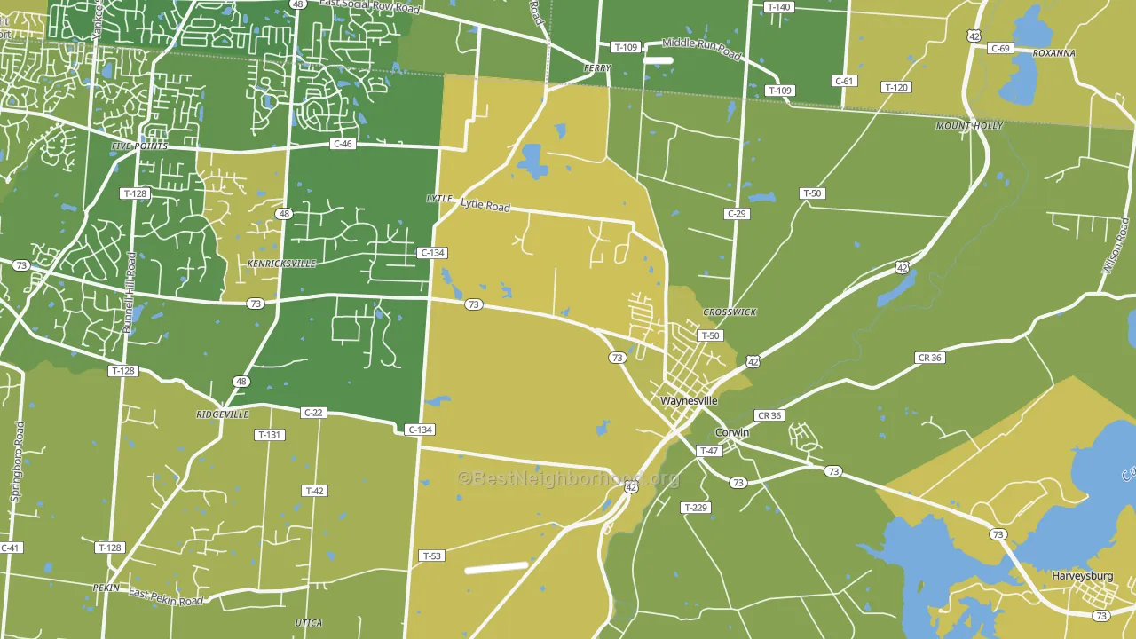 Map of the best neighborhoods in the Waynesville area, with better matches in green and worse matches in red