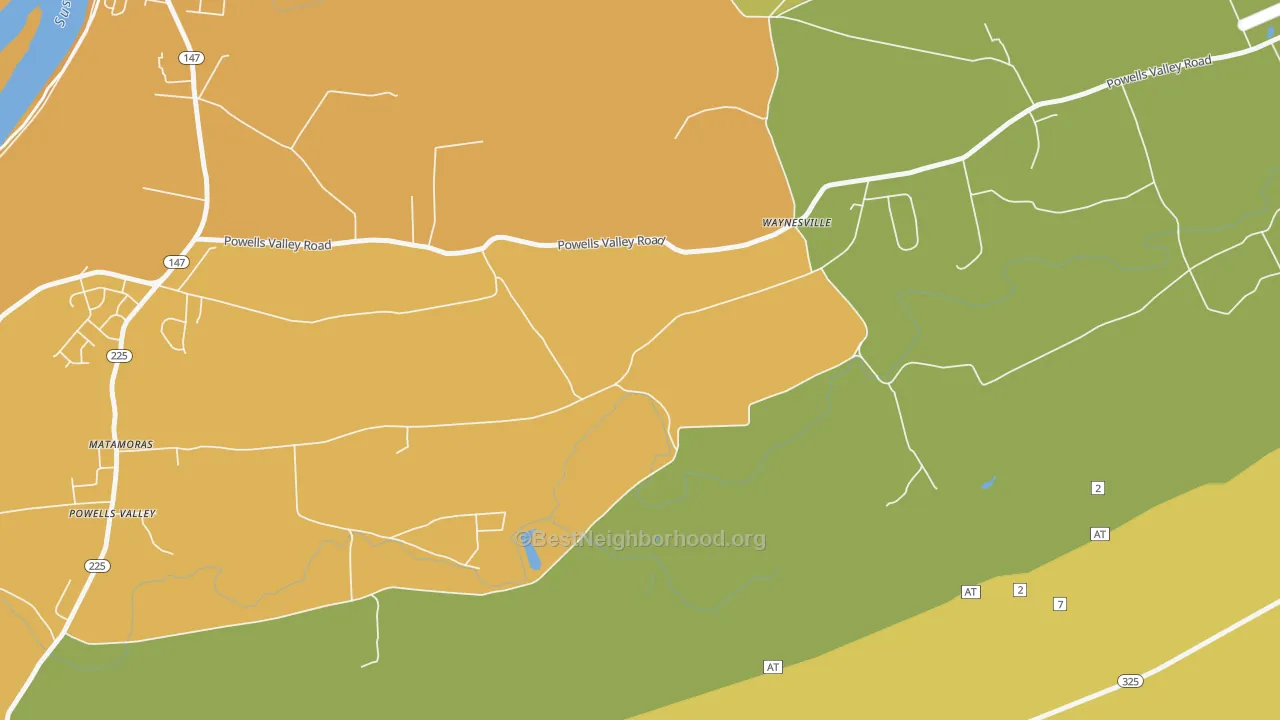 Map of the best neighborhoods in the Waynesville area, with better matches in green and worse matches in red