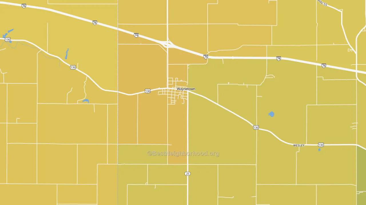 Map of the best neighborhoods in the Waynetown area, with better matches in green and worse matches in red