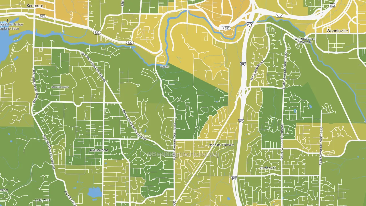 Map of the best neighborhoods in the Waynita-Simonds-Norway Hill, Bothell area, with better matches in green and worse matches in red
