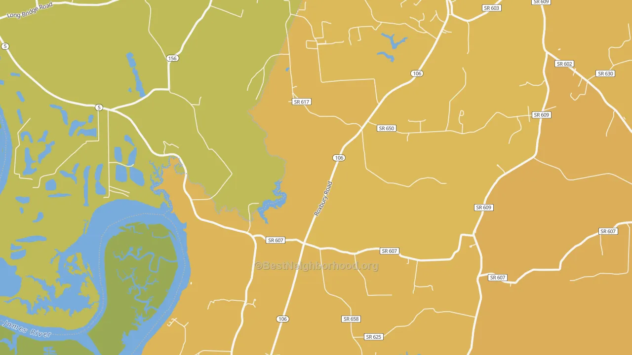 Map of the best neighborhoods in the Wayside area, with better matches in green and worse matches in red
