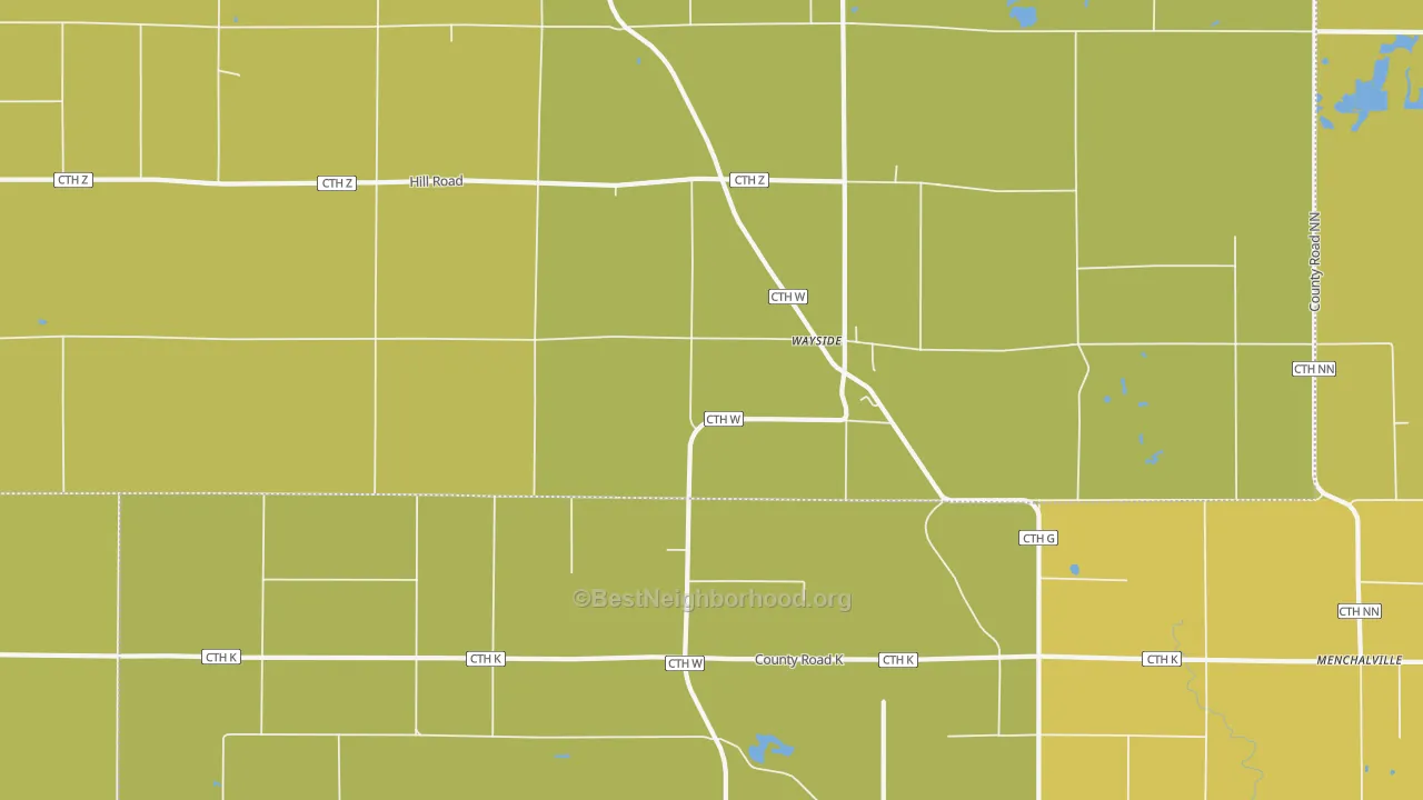 Map of the best neighborhoods in the Wayside area, with better matches in green and worse matches in red