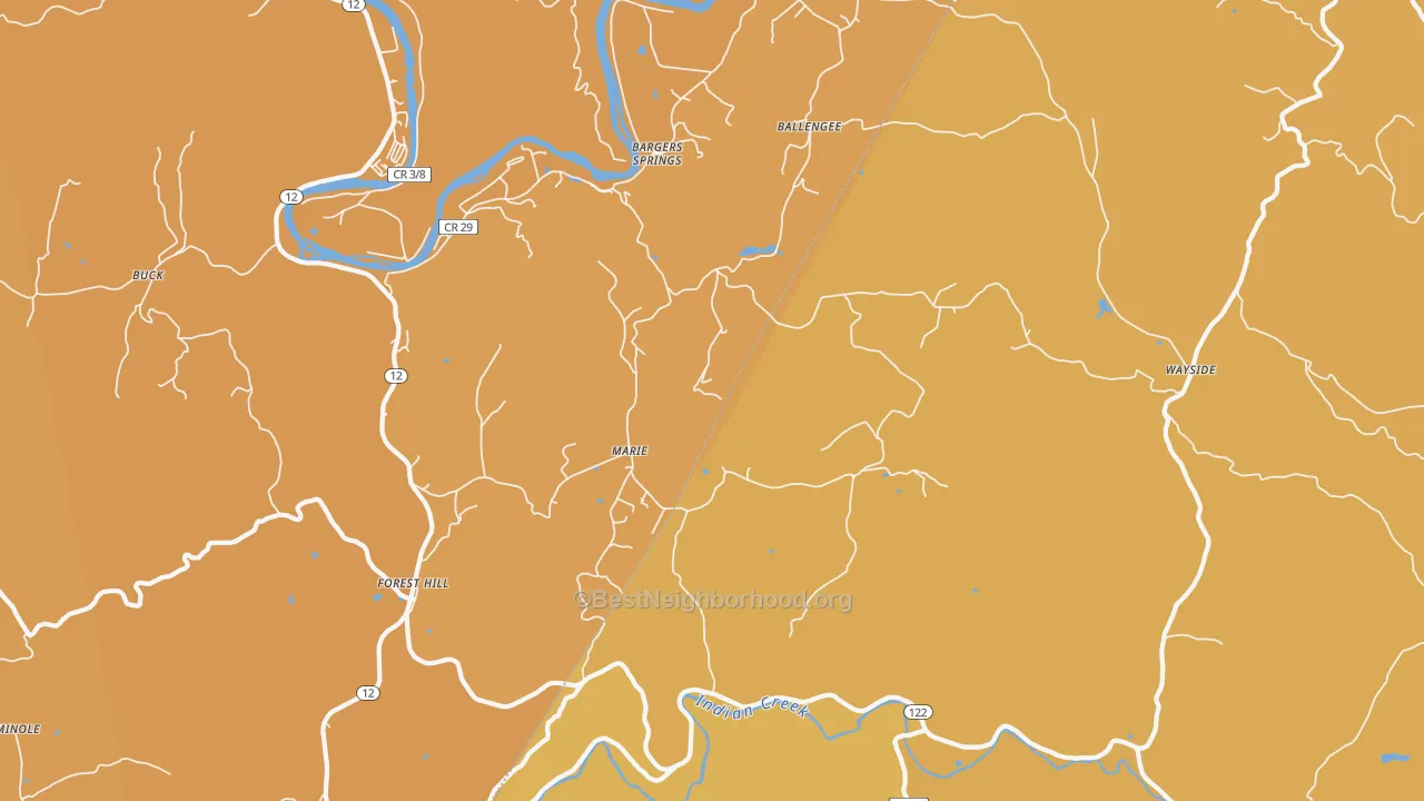 Map of the best neighborhoods in the Wayside area, with better matches in green and worse matches in red