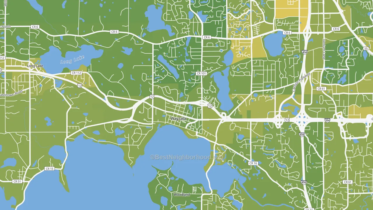 Map of the best neighborhoods in the Wayzata area, with better matches in green and worse matches in red