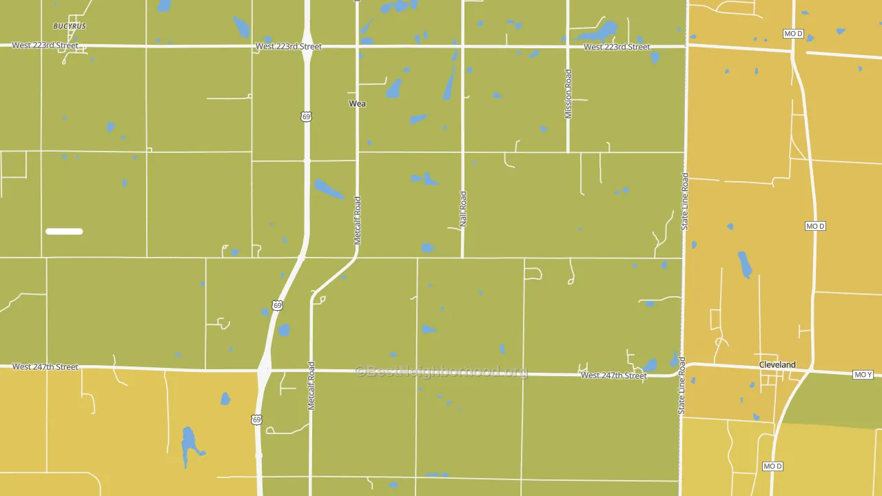 Map of the best neighborhoods in the Wea area, with better matches in green and worse matches in red