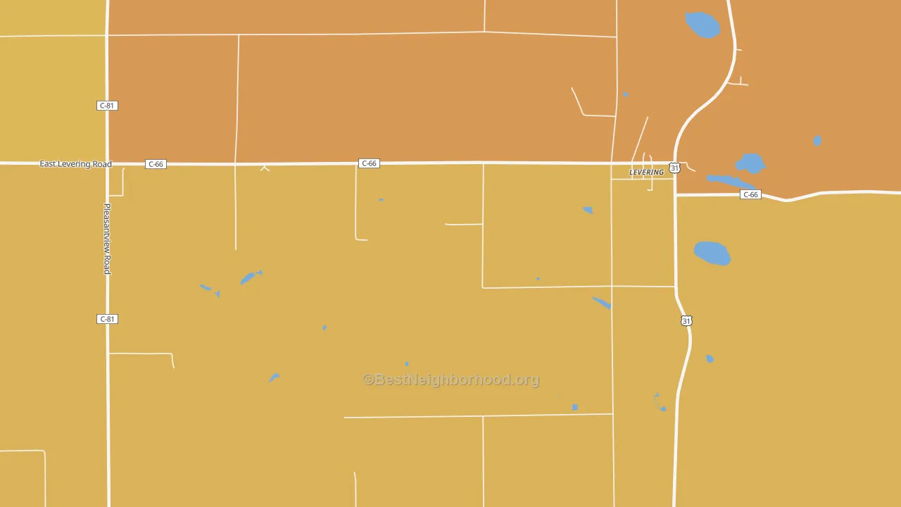 Map of the best neighborhoods in the Weadock area, with better matches in green and worse matches in red