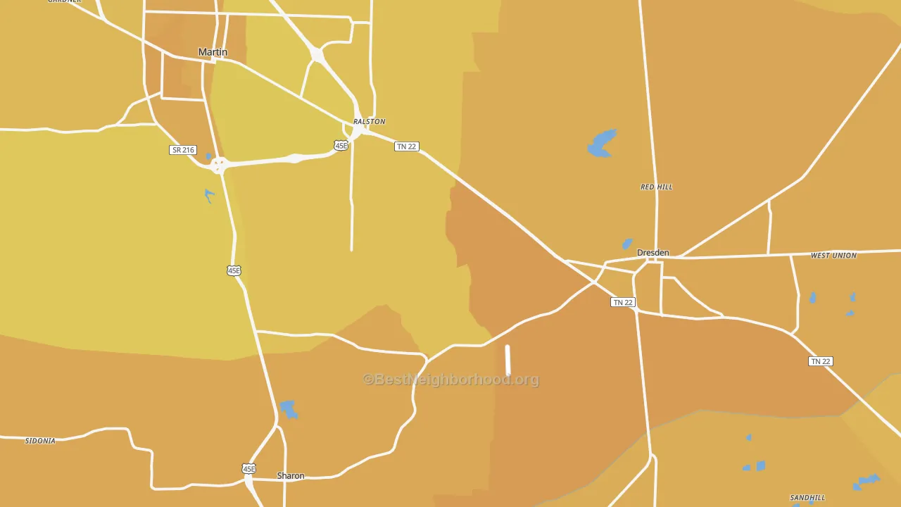 Map of the best neighborhoods in the Weakley County area, with better matches in green and worse matches in red