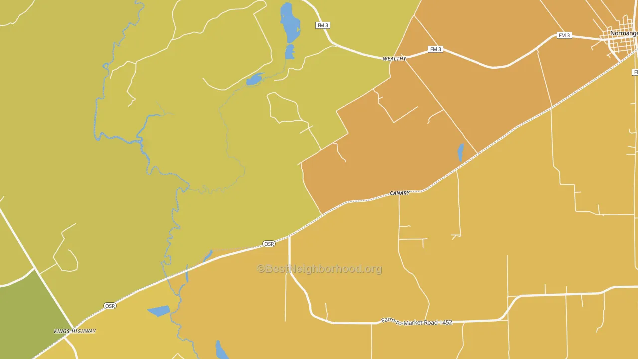 Map of the best neighborhoods in the Wealthy area, with better matches in green and worse matches in red