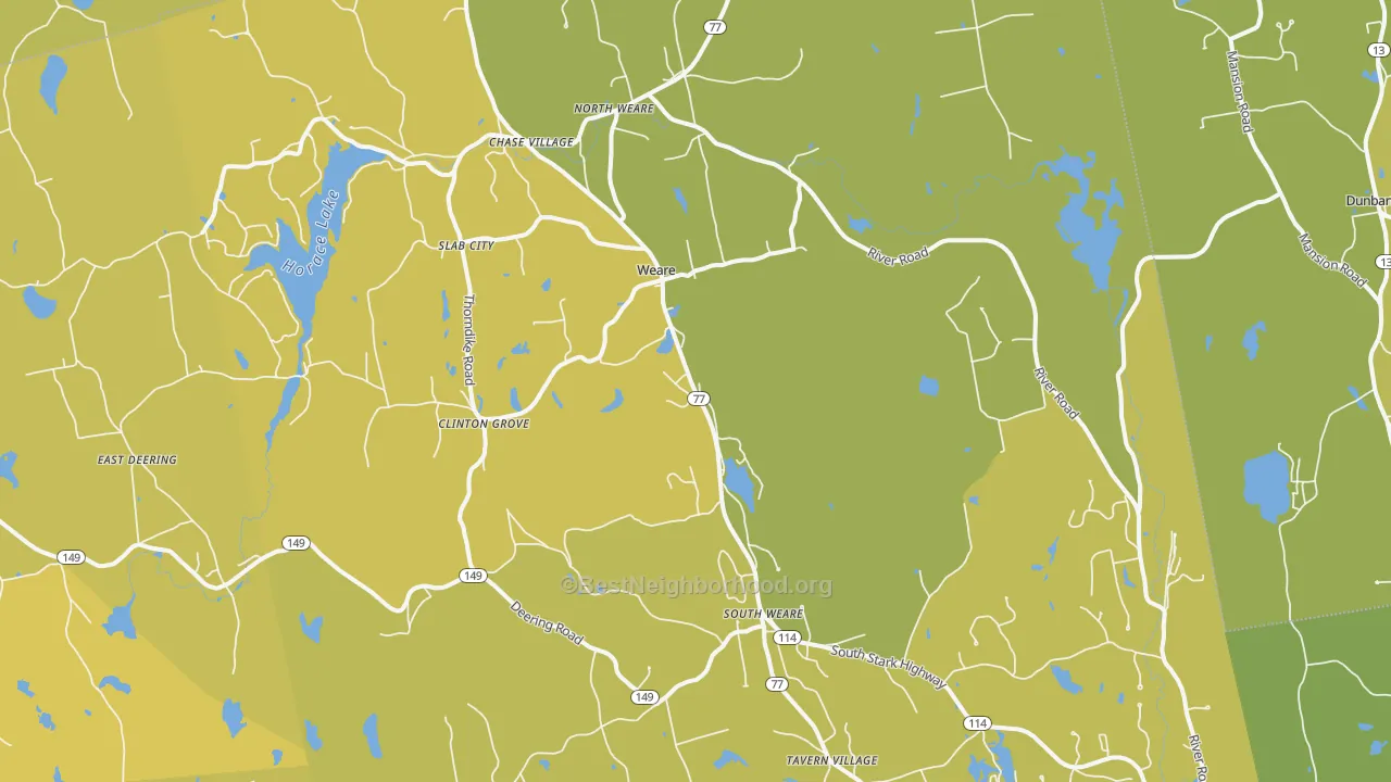 Map of the best neighborhoods in the Weare area, with better matches in green and worse matches in red