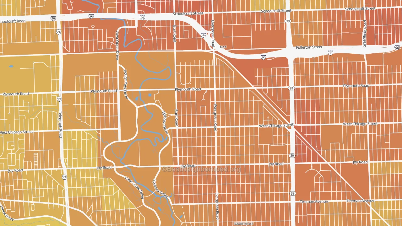Map of the best neighborhoods in the Weatherby, Detroit area, with better matches in green and worse matches in red