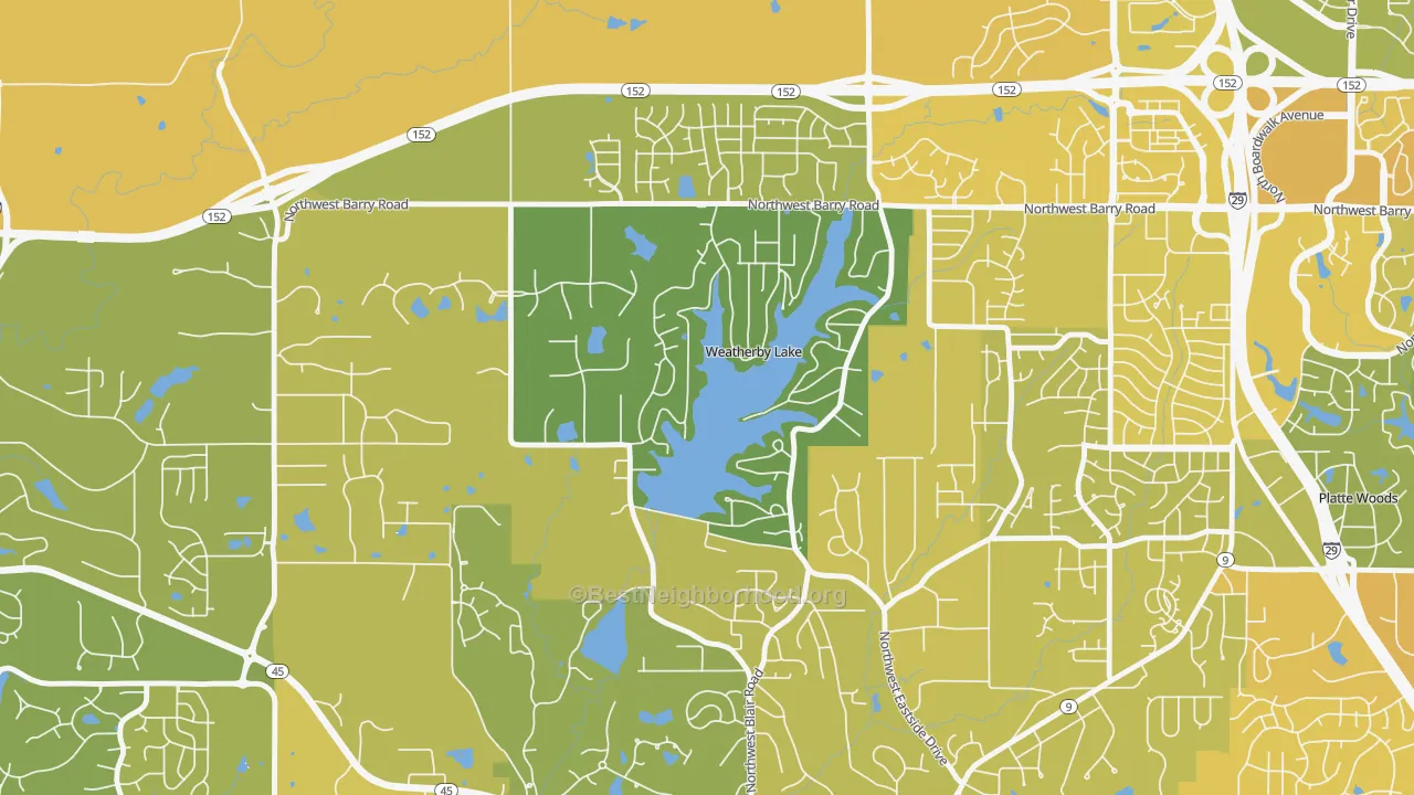 Map of the best neighborhoods in the Weatherby Lake area, with better matches in green and worse matches in red