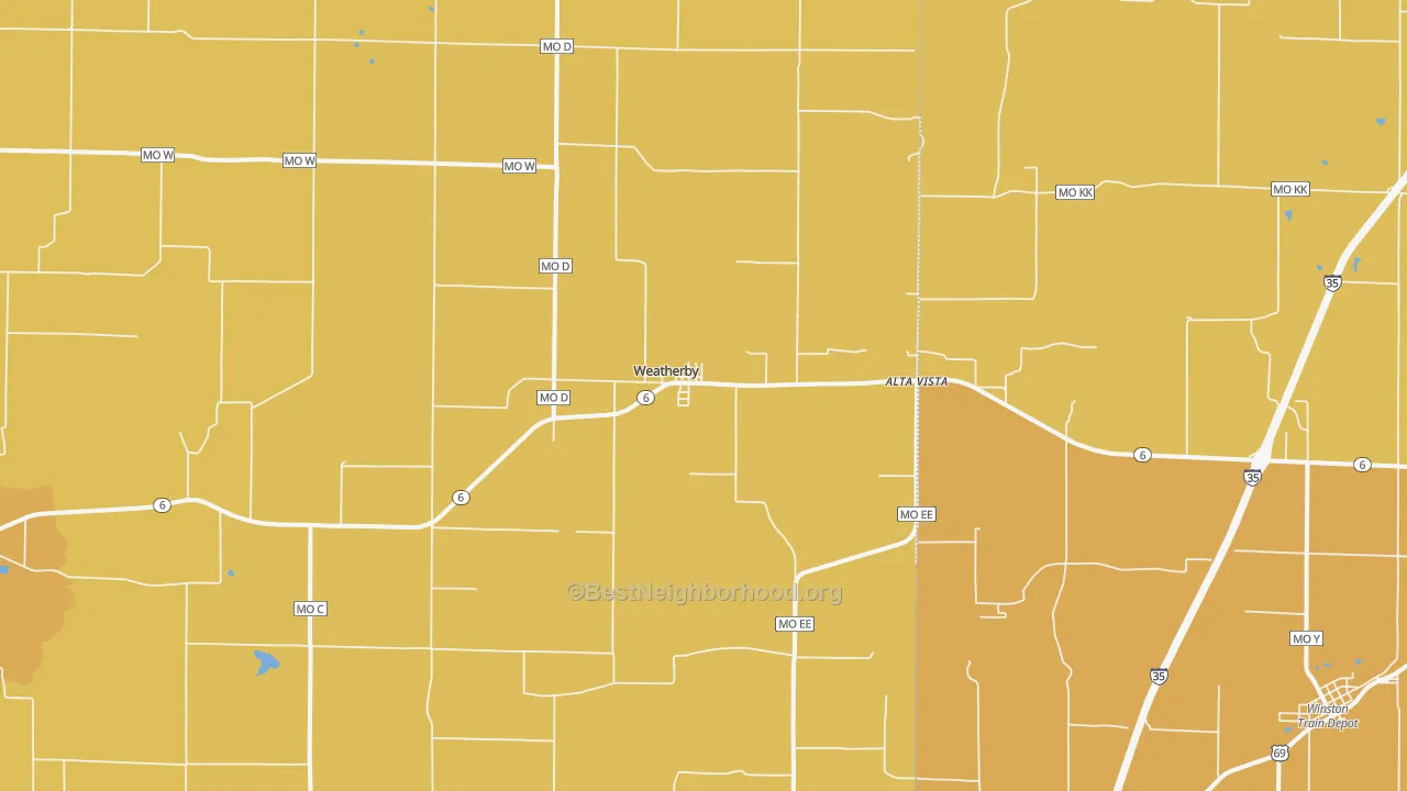 Map of the best neighborhoods in the Weatherby area, with better matches in green and worse matches in red