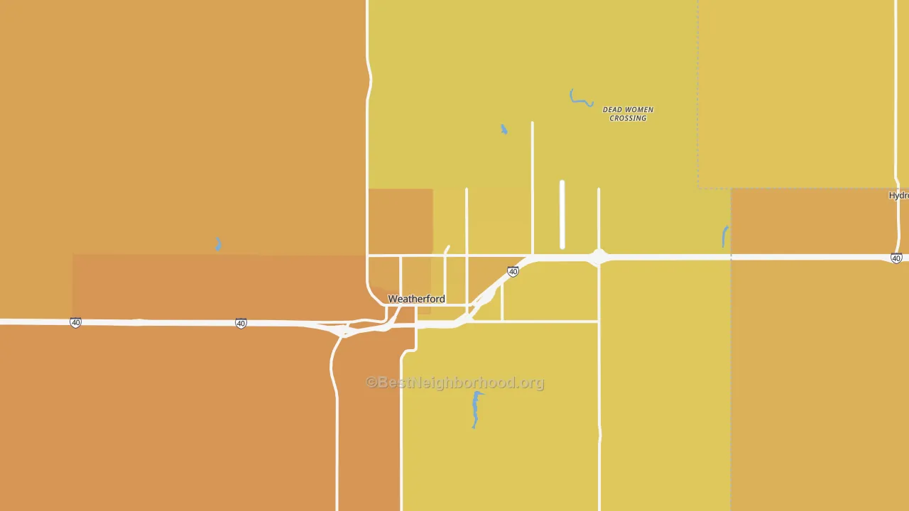 Map of the best neighborhoods in the Weatherford area, with better matches in green and worse matches in red