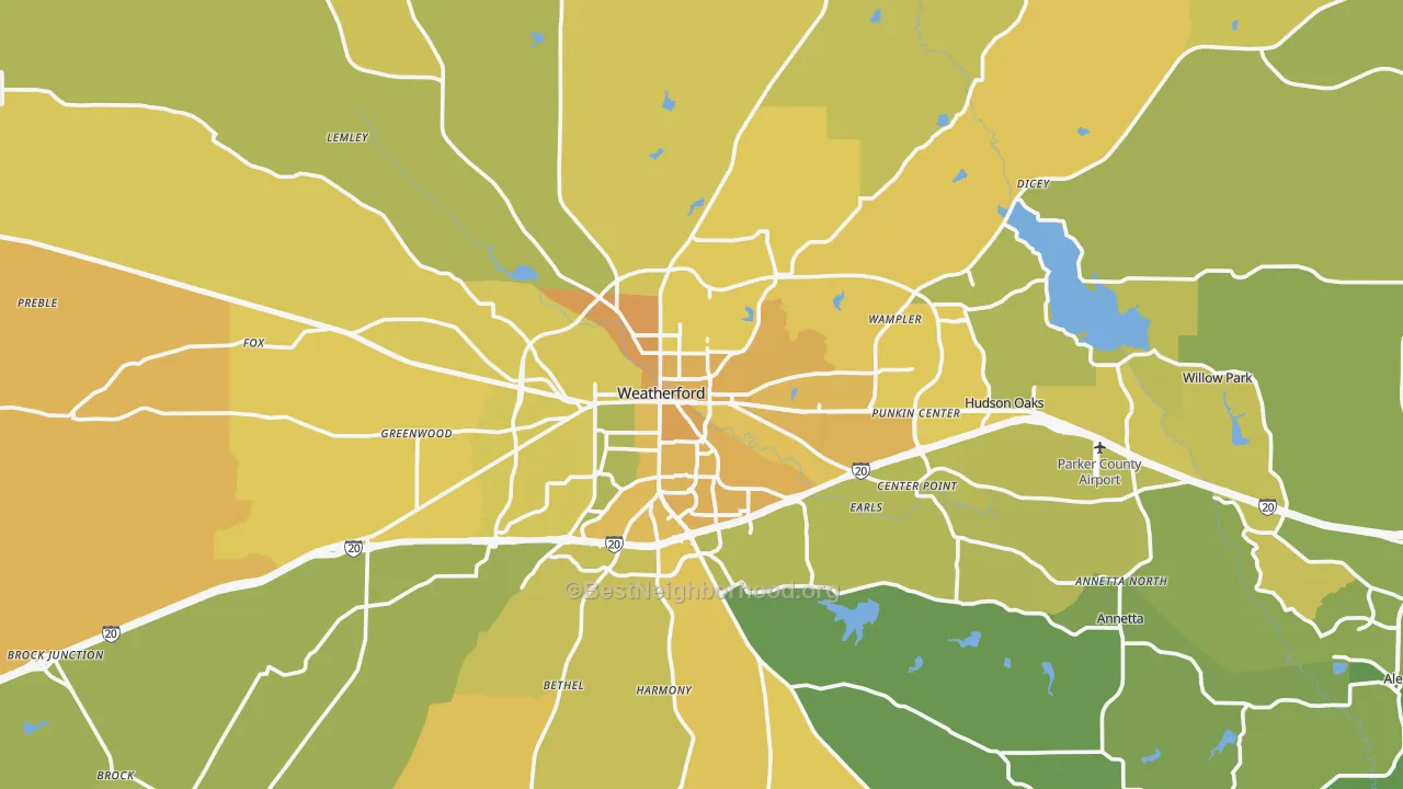 Map of the best neighborhoods in the Weatherford area, with better matches in green and worse matches in red