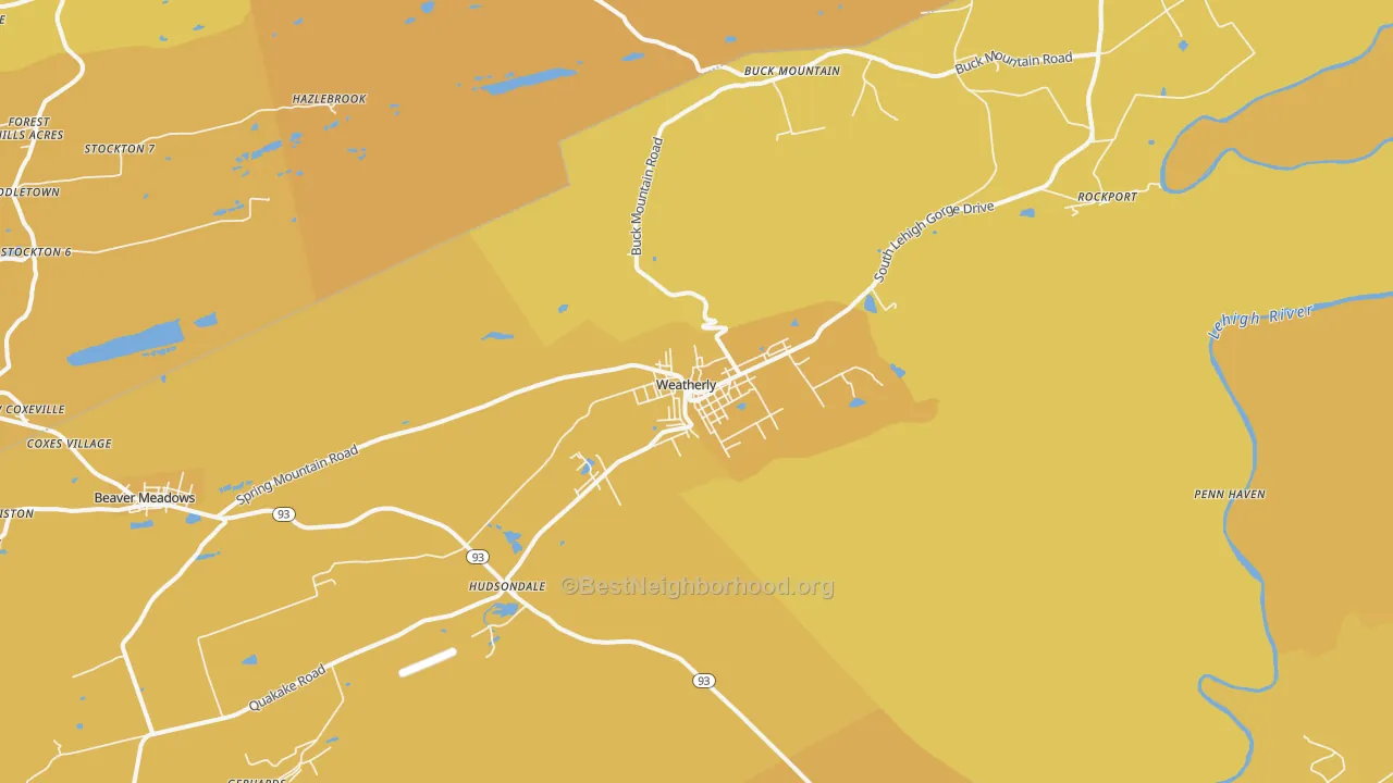Map of the best neighborhoods in the Weatherly area, with better matches in green and worse matches in red