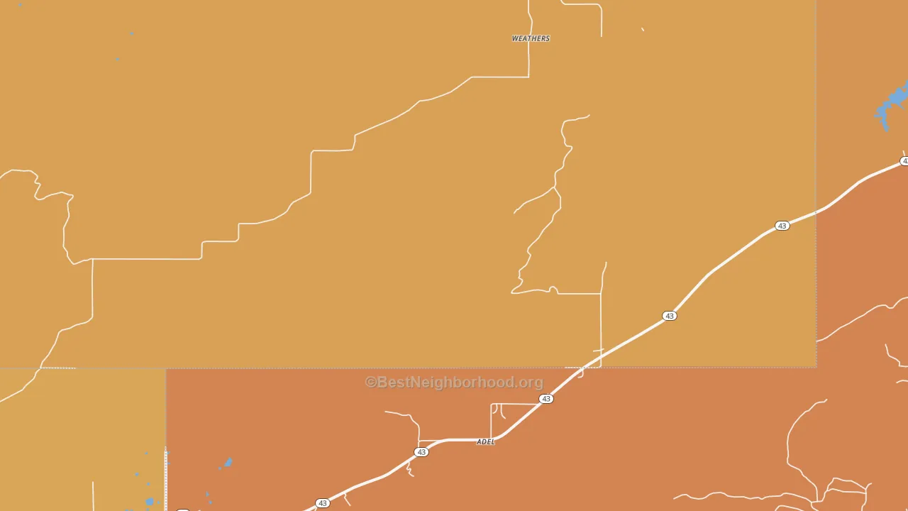 Map of the best neighborhoods in the Weathers area, with better matches in green and worse matches in red