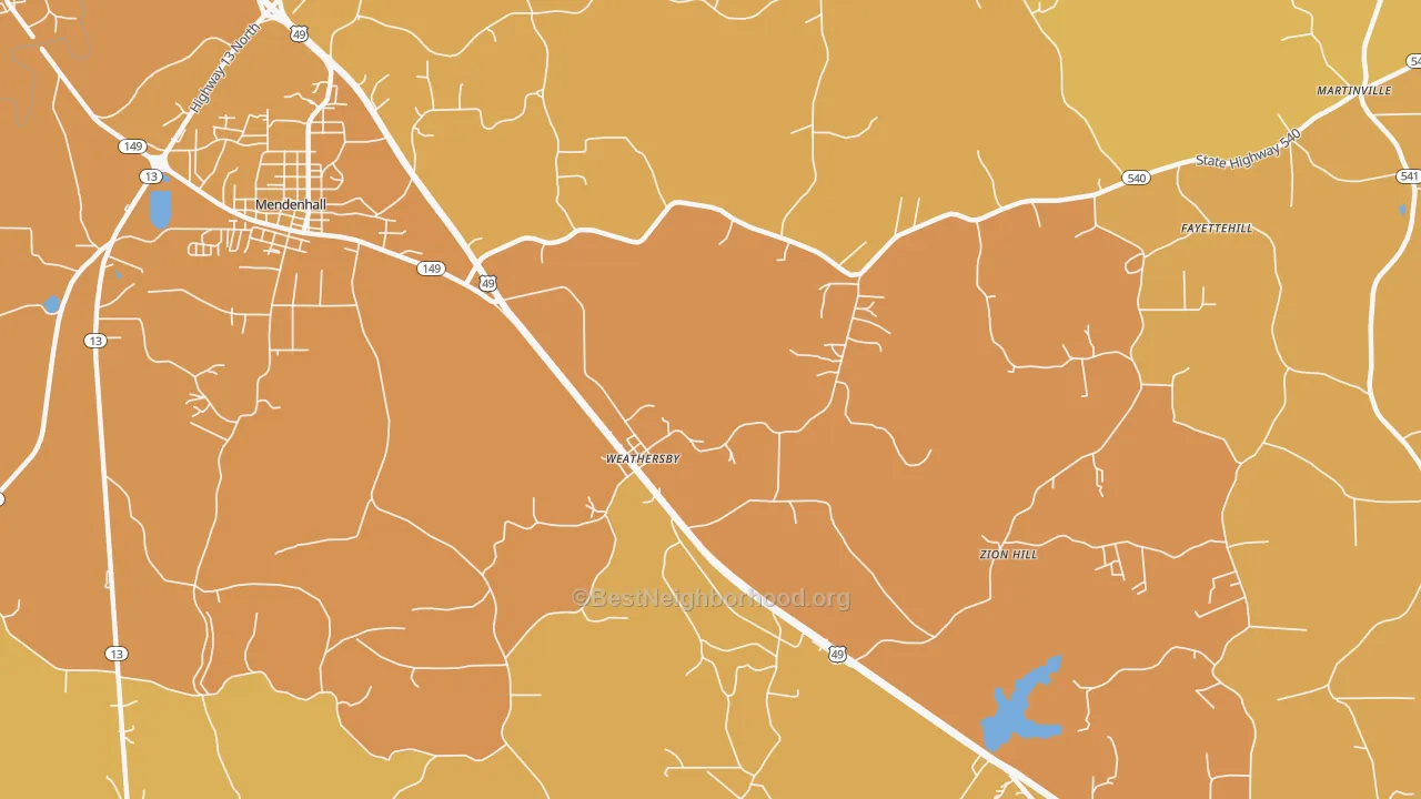 Map of the best neighborhoods in the Weathersby area, with better matches in green and worse matches in red