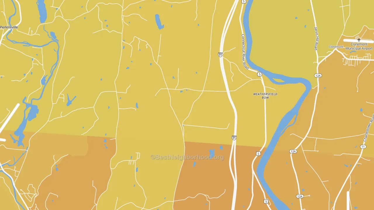 Map of the best neighborhoods in the Weathersfield Bow area, with better matches in green and worse matches in red