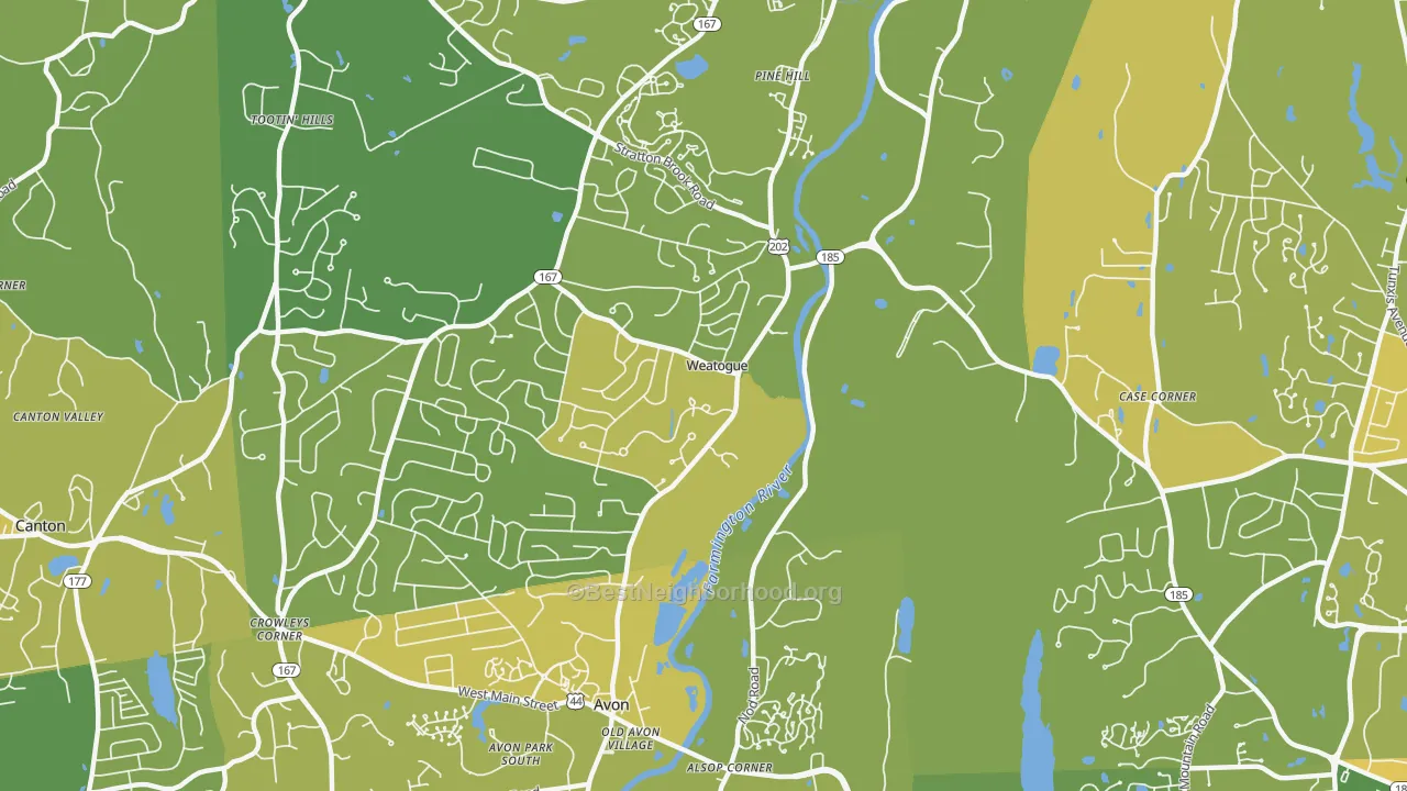 Map of the best neighborhoods in the Weatogue area, with better matches in green and worse matches in red