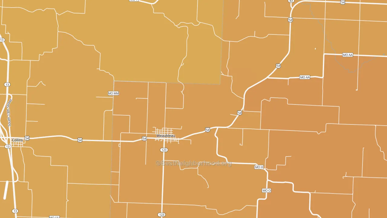 Map of the best neighborhoods in the Weaubleau area, with better matches in green and worse matches in red