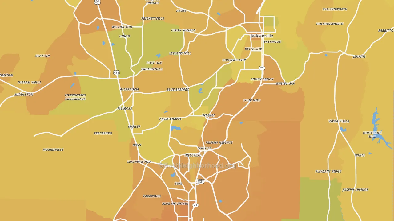 Map of the best neighborhoods in the Weaver area, with better matches in green and worse matches in red