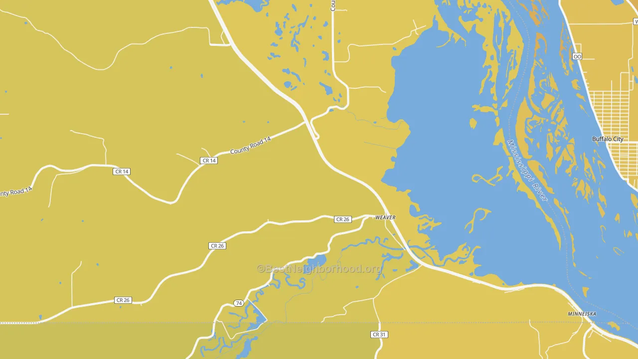 Map of the best neighborhoods in the Weaver area, with better matches in green and worse matches in red